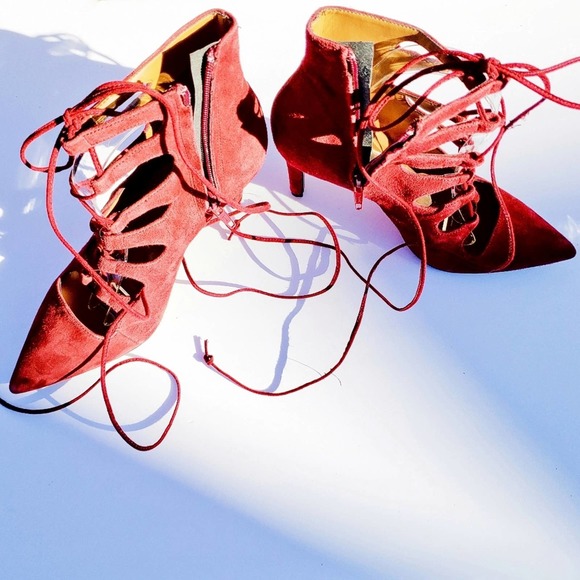 Booties Rust Wine Suede Lace Up Cage Gladiator Heels Sz 9.5 BIANCA DI - Picture 8 of 10